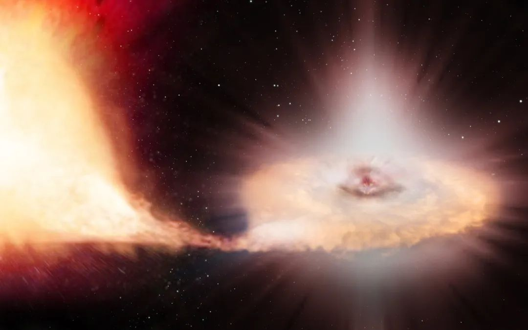 Ia型超新星示意图。白矮星通过吸收伴星物质超过钱德拉塞卡极限而猛烈爆发，形成SN
