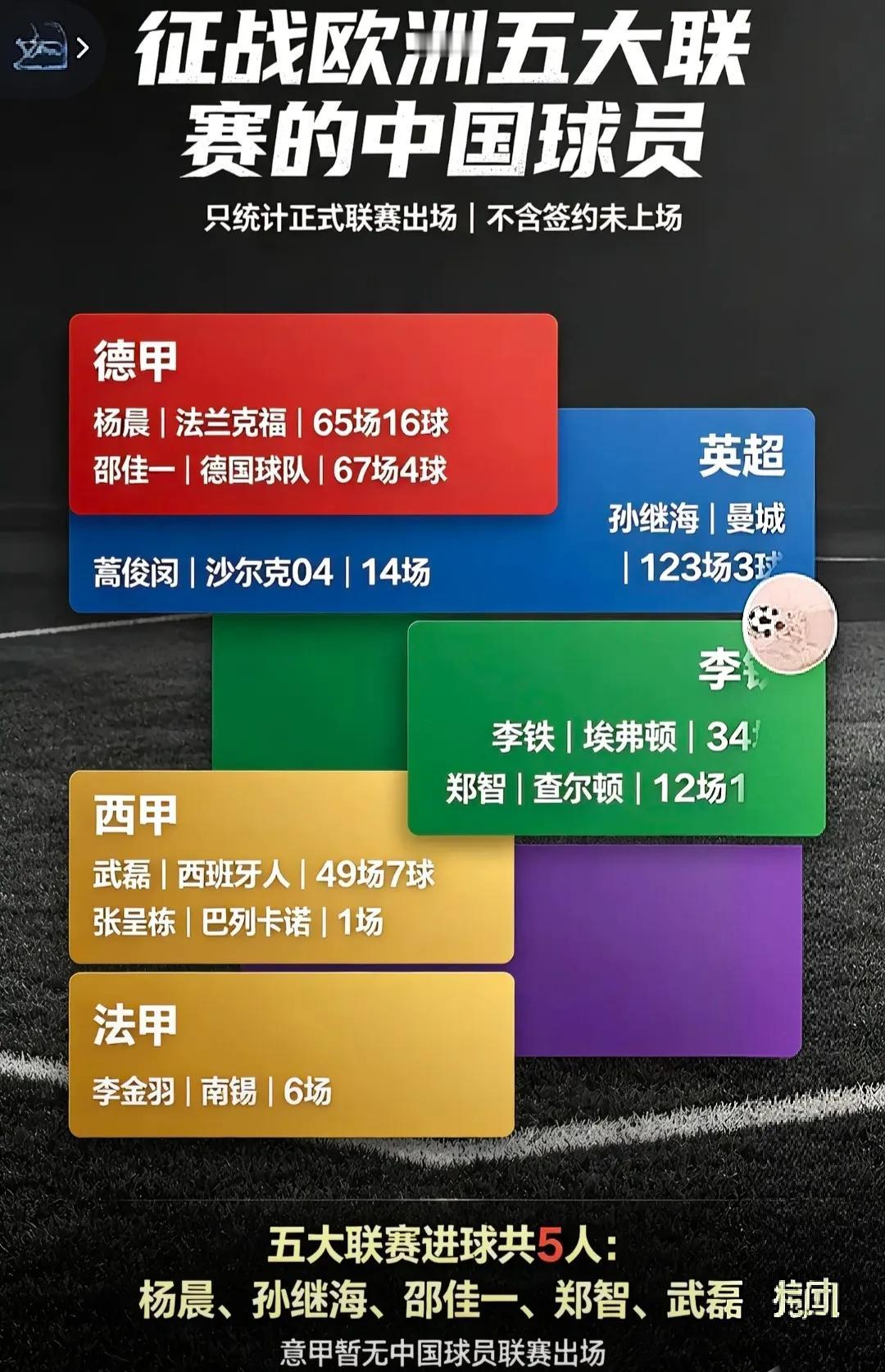 中国足球很可怜，就这么几个人踢过五大联赛。

只看正式出场的，只有武磊，孙继海，