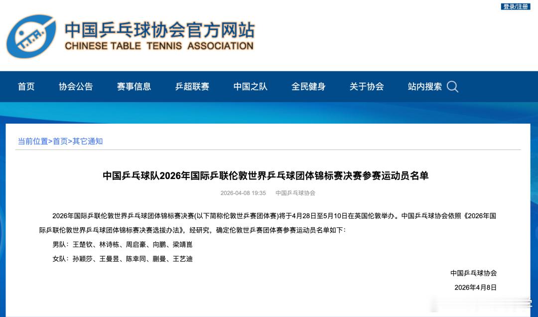 国乒伦敦世乒赛名单男队：王楚钦、林诗栋、周启豪、向鹏、梁靖崑女队：孙颖莎、王曼昱