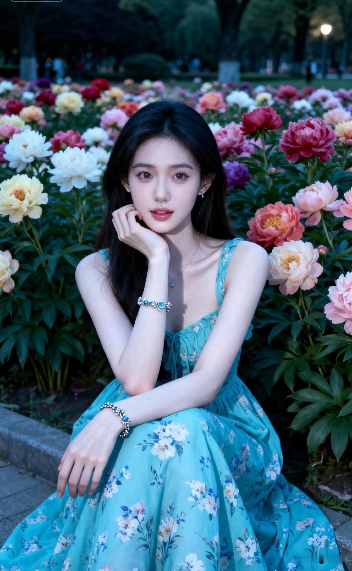 梦幻花海中的少女，浅蓝色连衣裙，温柔如梦