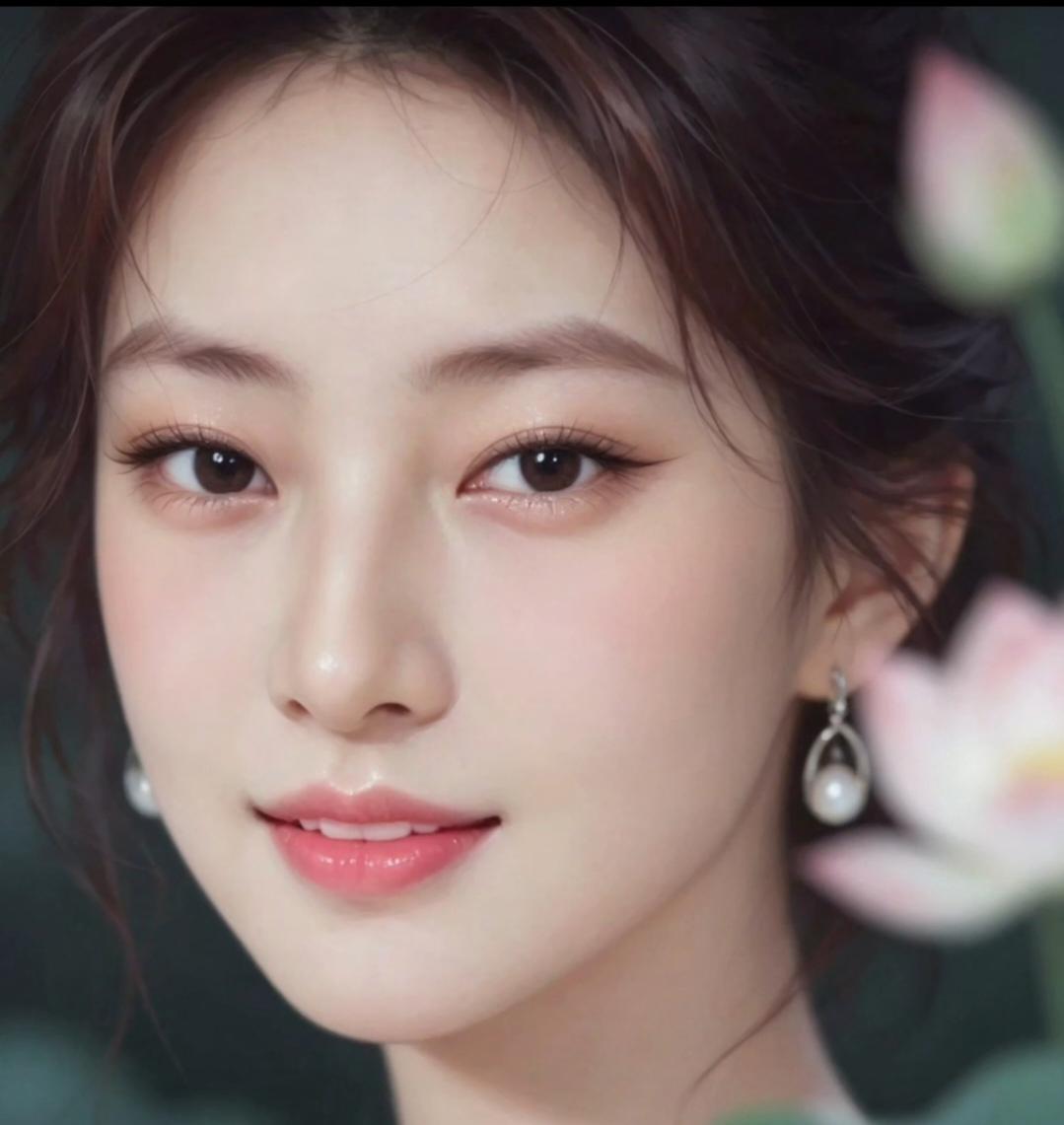 温柔甜美的少女，粉色唇妆，珍珠耳环，清新自然。