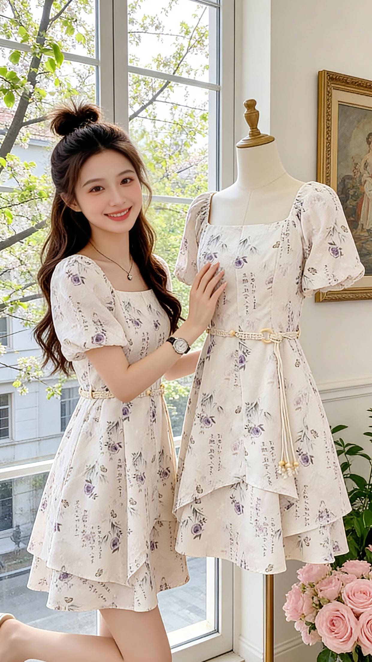 谁懂啊！这条新中式水墨裙真的把春日温柔焊在身上了。清透印花自带书卷气，方领泡泡袖