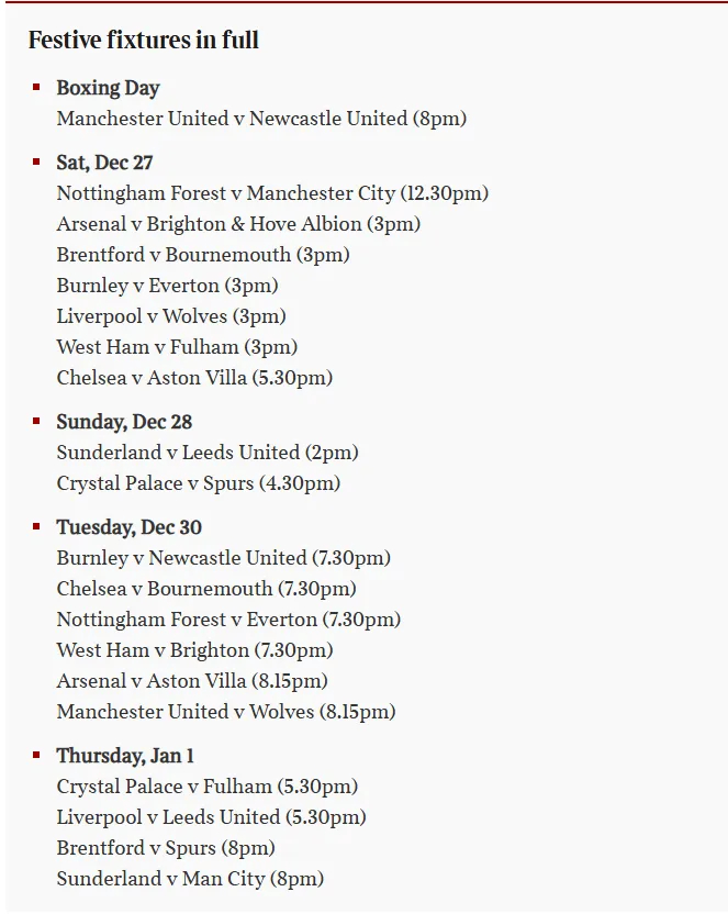 Ben Jacobs曼联对阵纽卡斯尔的比赛被选为节礼日唯一一场比赛，开球时间为晚