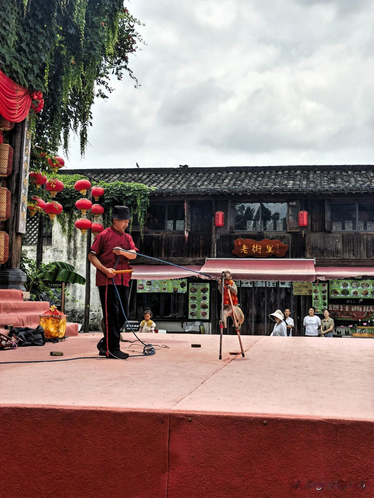 几十年不见，一笑如故。

在铜陵犁桥水镇，竟偶遇了几十年未见的猴把戏！三只小猴在