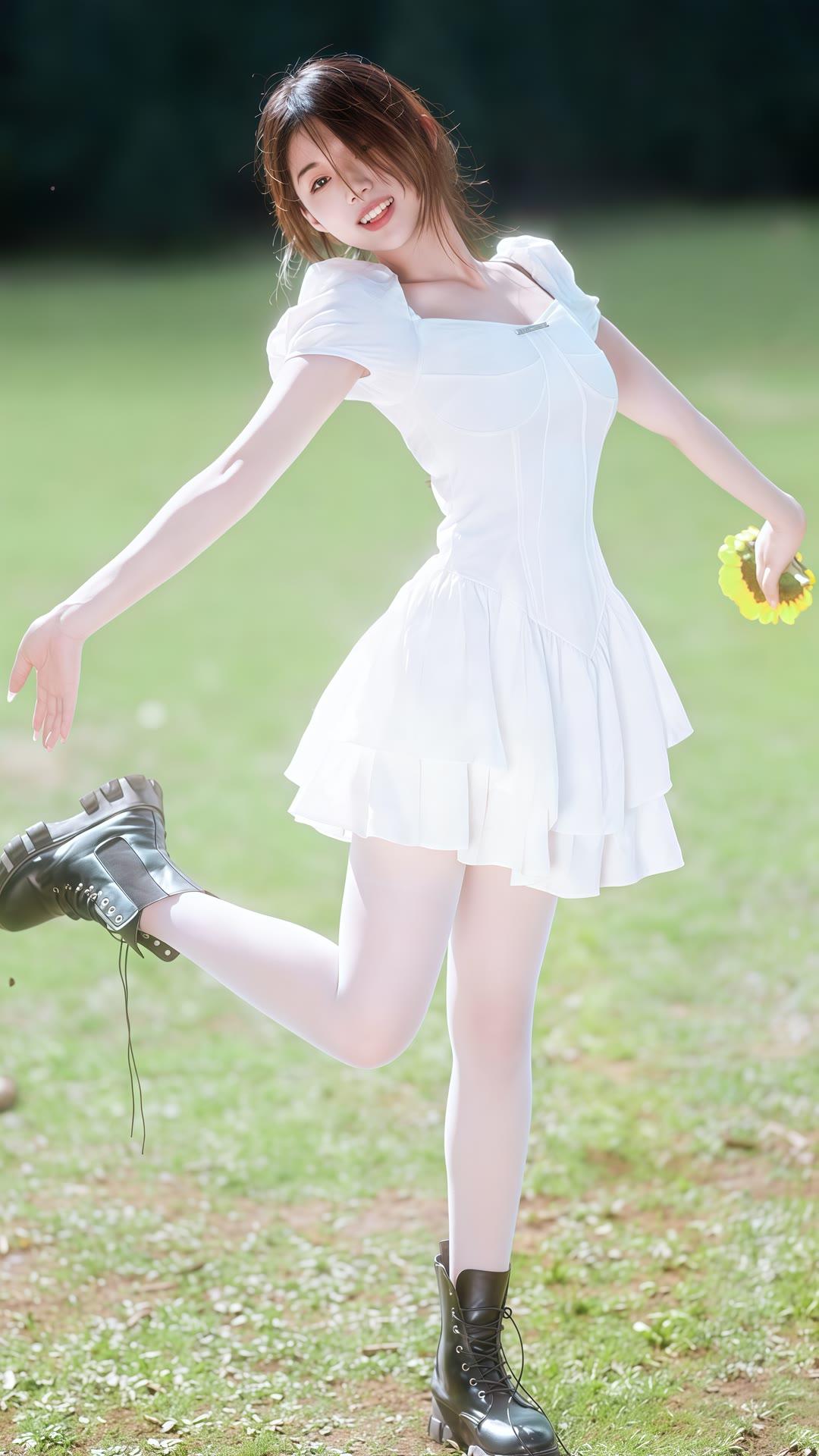 夏日清新穿搭，白色连衣裙搭配黑色靴子，活力满满！🌞👗👢