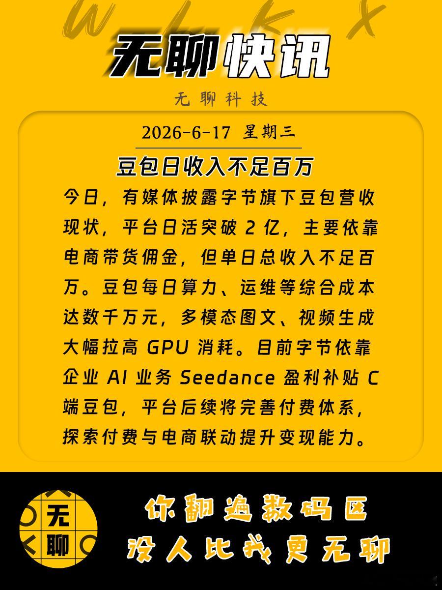 【豆包每天收入不足百万 】今日，有媒体披露字节旗下豆包营收现状，平台日活突破 2