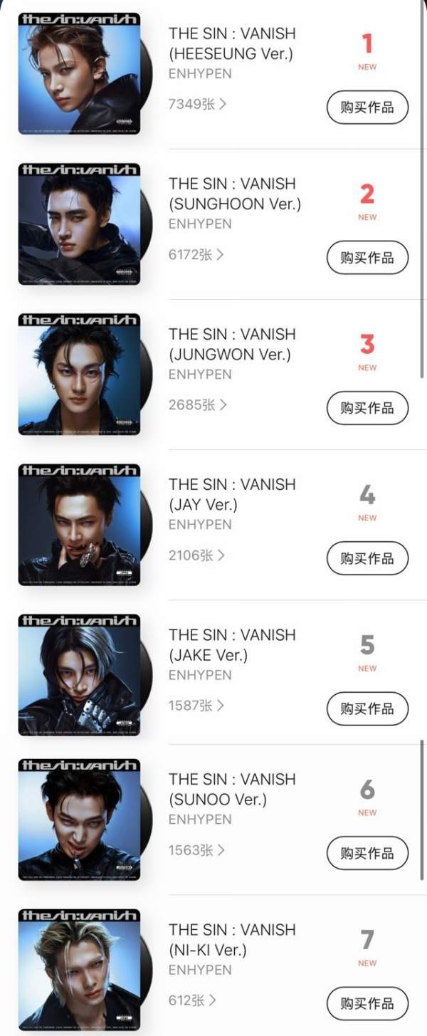 QQ音乐ENHYPEN单封销量排名 