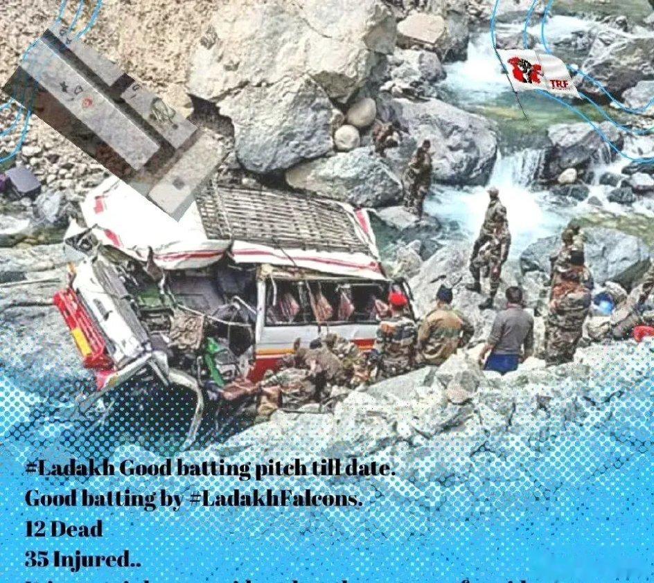 印度媒体8月19日报道，拉达克列城一辆印度军车坠崖，12死35伤。印吹死挺们一定