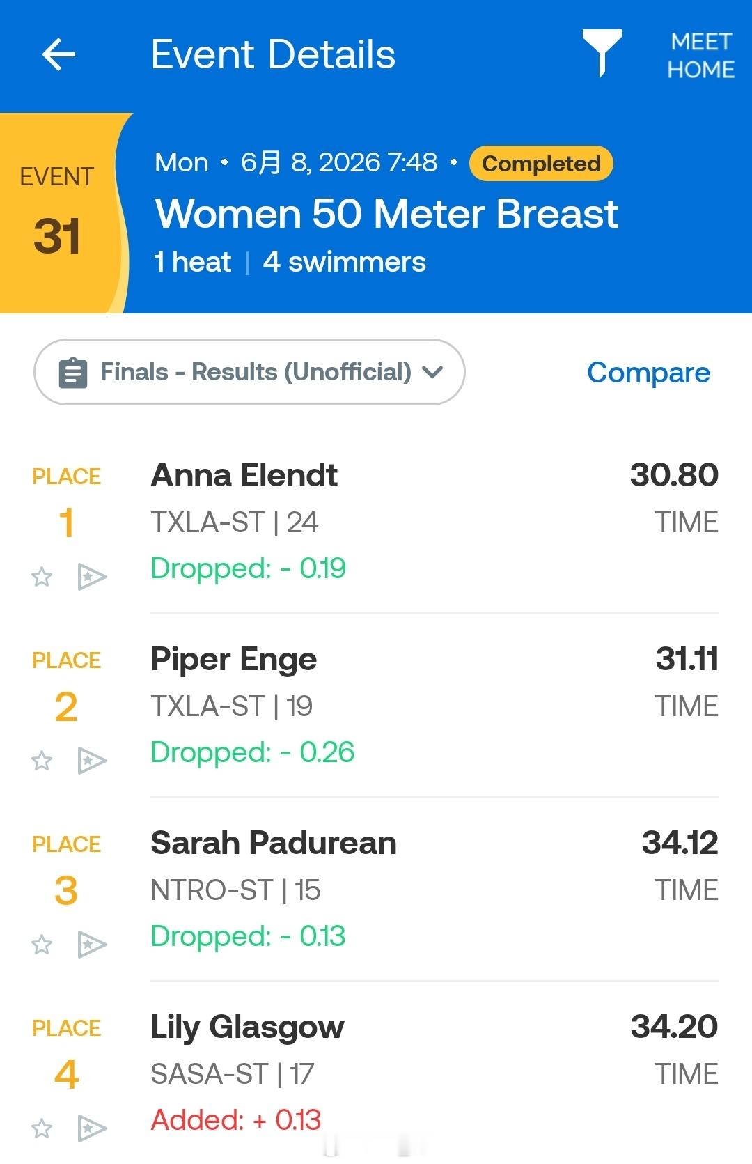 Longhorn Aquatics Elite Invite 女50蛙决赛Ann