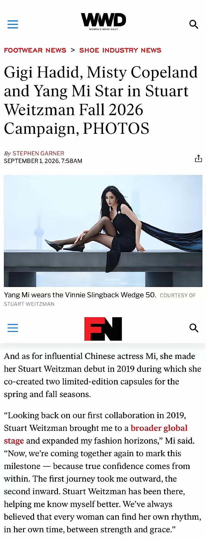 杨幂重磅回归｜出任Stuart Weitzman全球品牌代言人
 
时尚权威媒体