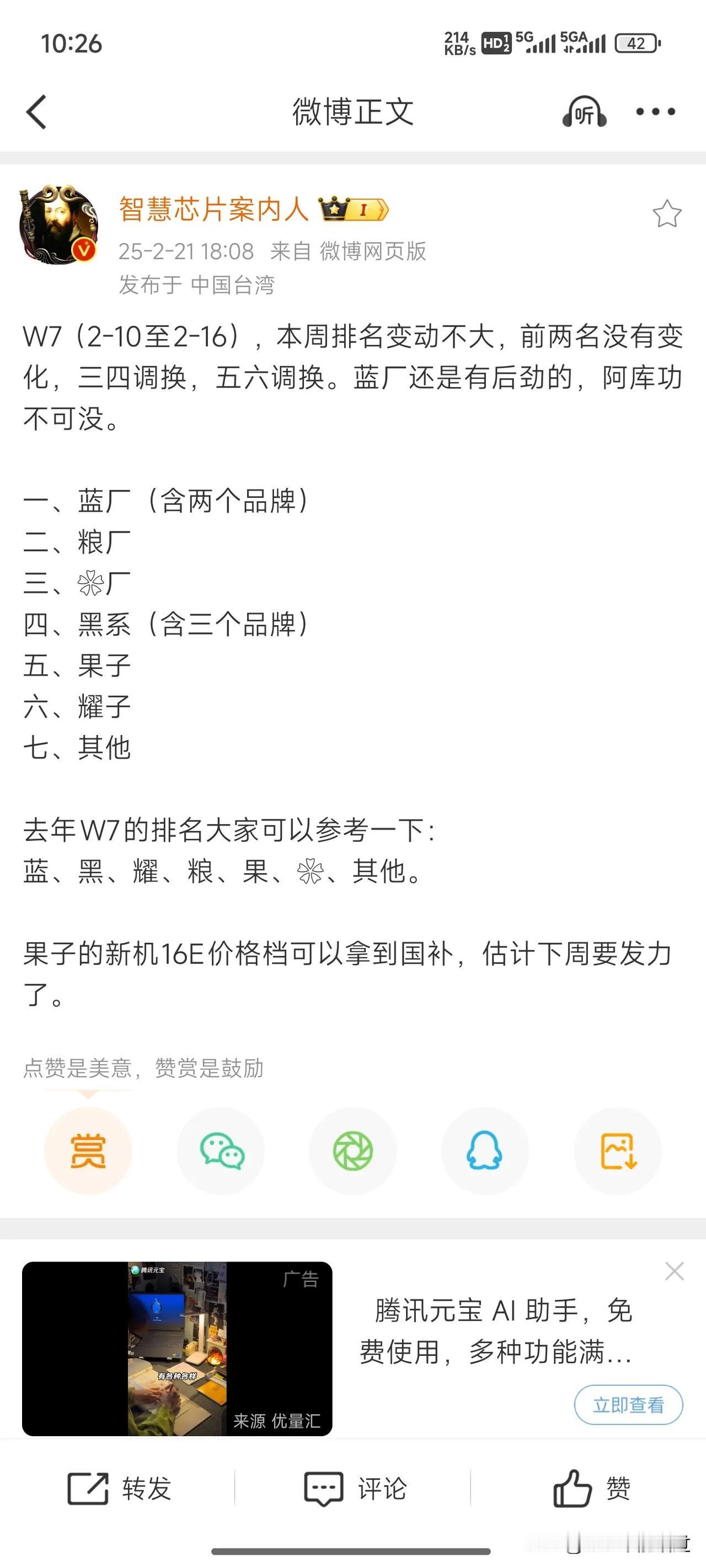 爆国内手机最新周销量排行榜华为不敌小米vivo屈居第三！

某博主微博爆料爆国内