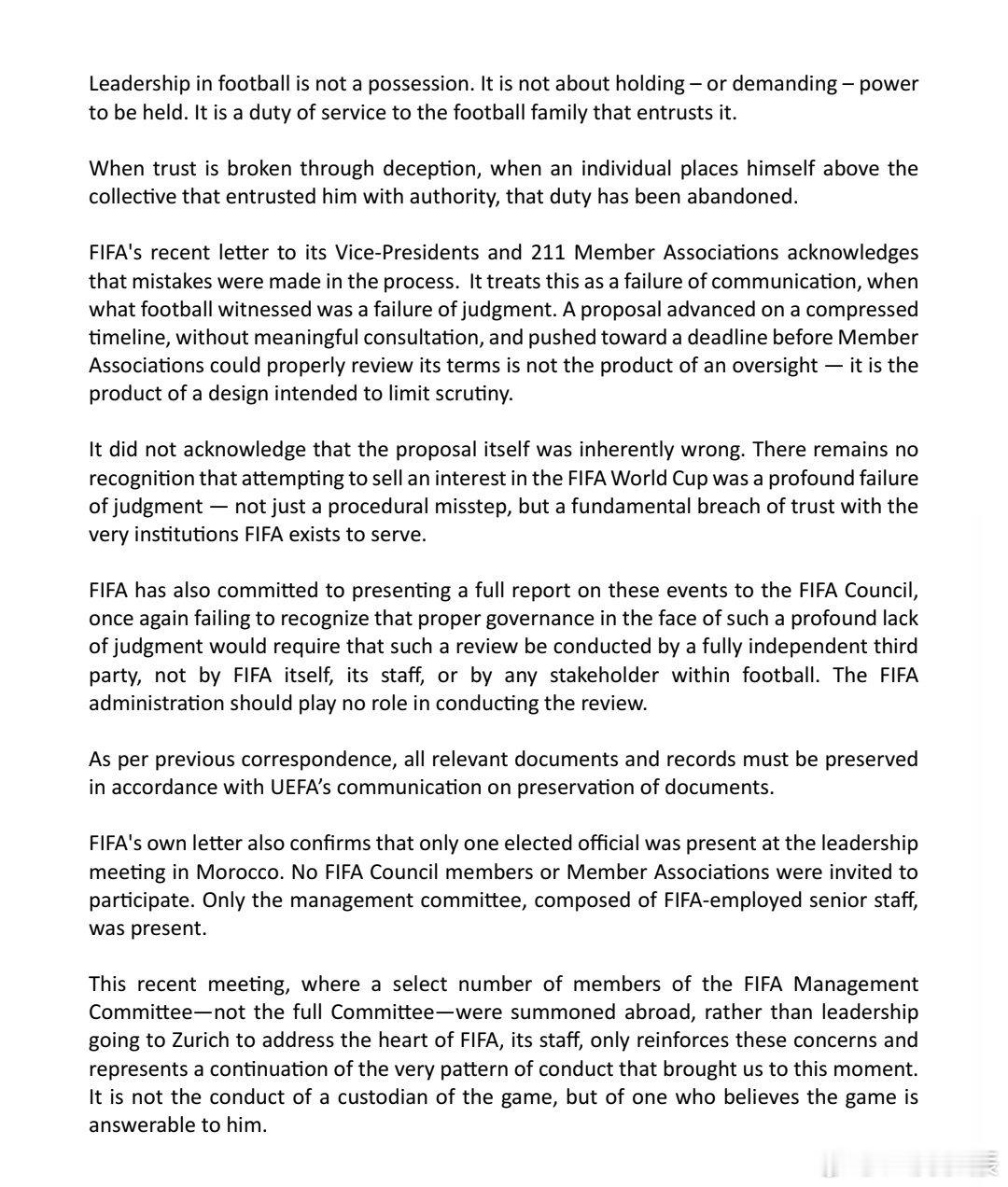 三大足联发布联合声明谴责FIFA，可以说是一个必然的结果。当FIFA以因凡蒂诺为