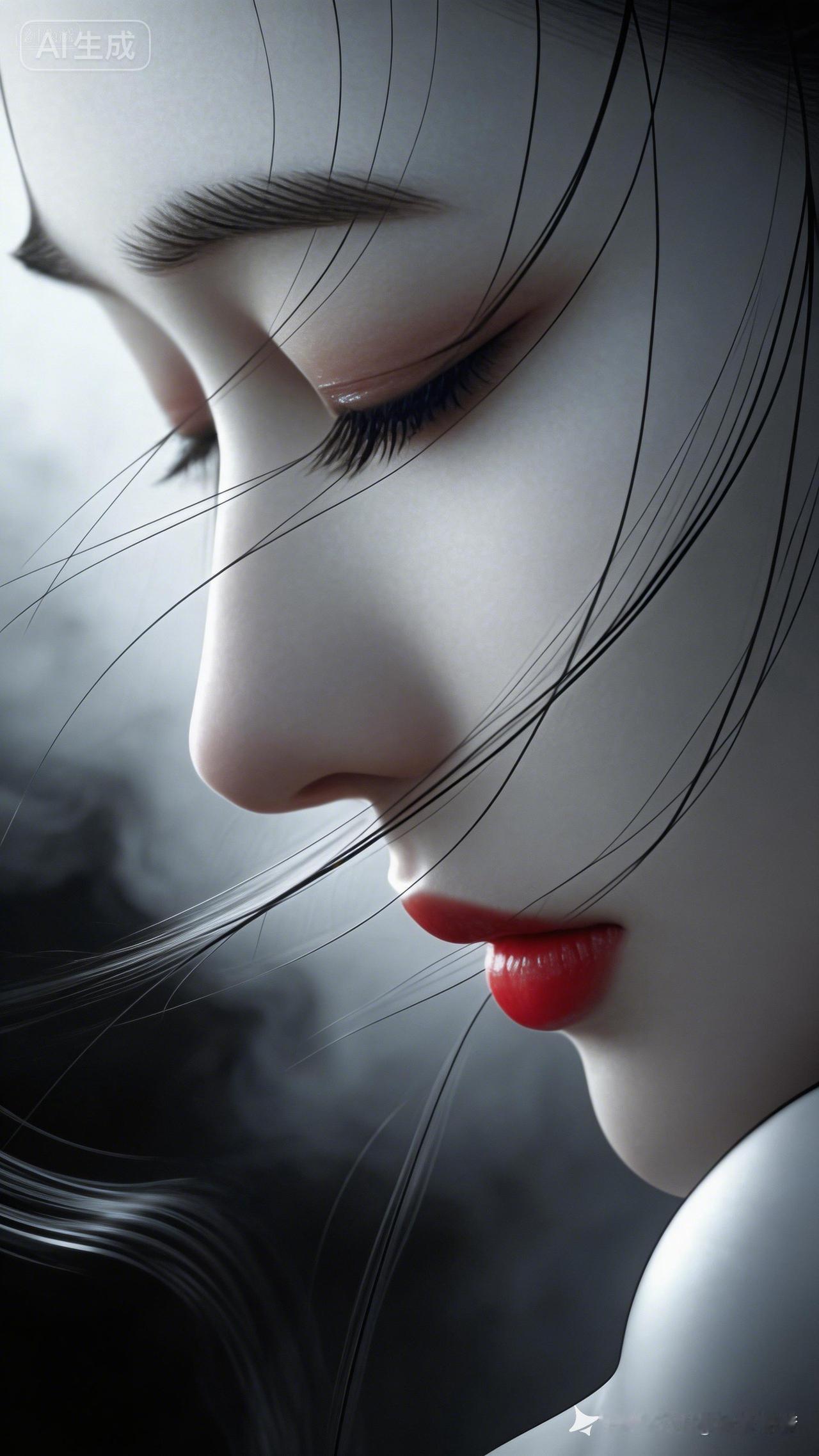 梦幻般的东方美人，红唇与黑发相映成趣，如梦如幻。