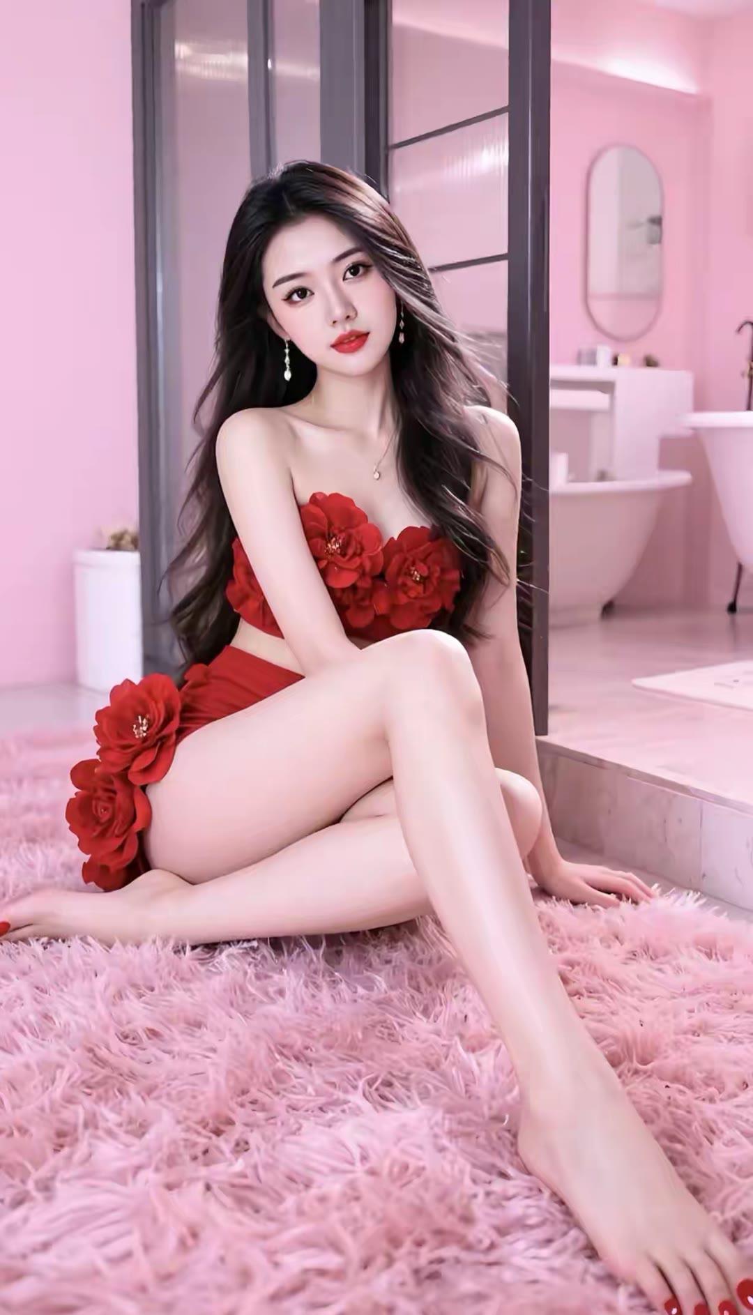 粉嫩浴室，红衣美人，花团锦簇，娇艳欲滴。