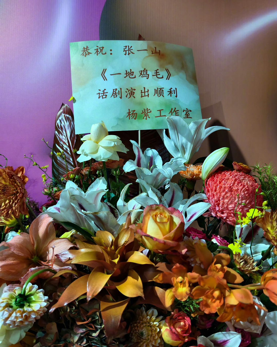 杨紫给张一山的话剧《一地鸡毛》送了花篮，真的是从小到大的友谊