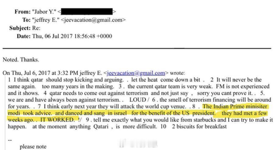 印度总理纳伦德拉·莫迪的名字在爱泼斯坦文件的最新版本中出现： “印度总理莫迪听取