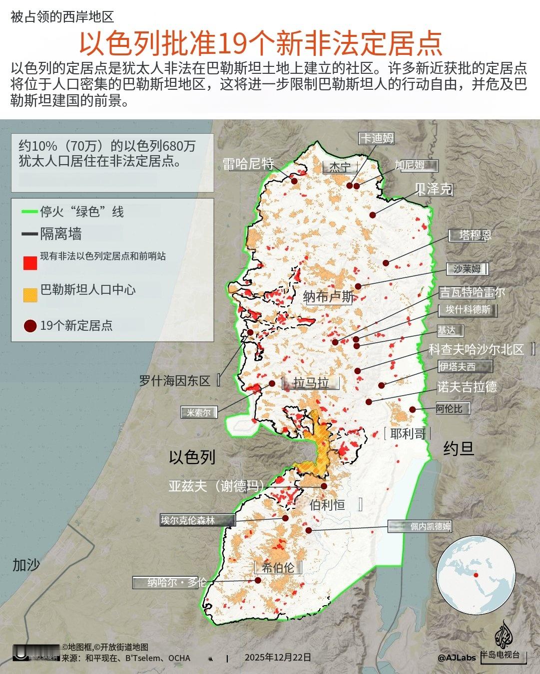 这是以色列今年修建的19个新非法定居点位置图。有3个巴勒斯坦社区，所有居民正在被