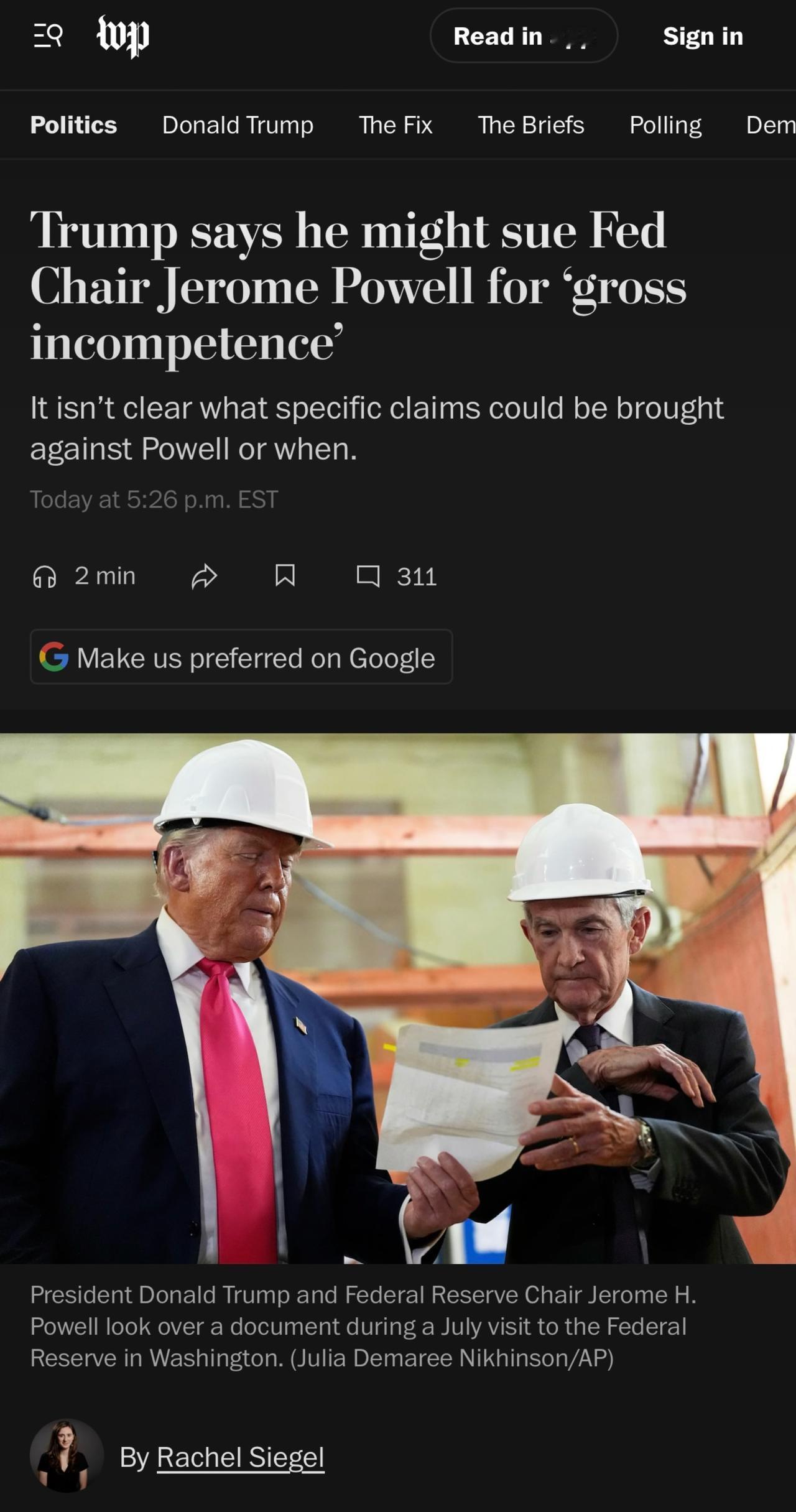 特朗普表示，他可能会起诉美联储主席杰罗姆·H·鲍威尔，称其“严重无能”，这给白宫