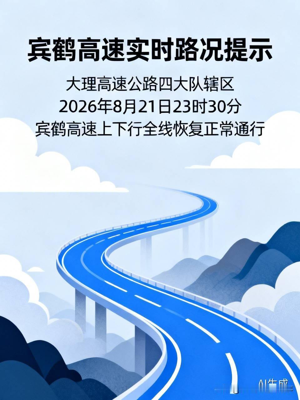 宾鹤高速实时路况提示:大理高速公路四大队辖区，原2026年8月19日03时15分