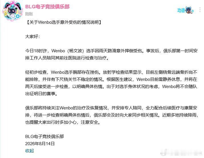 插播一条消息，BLG电竞俱乐部选手Wenbo（杨文波）今18时许雨天摔倒受伤🤕
