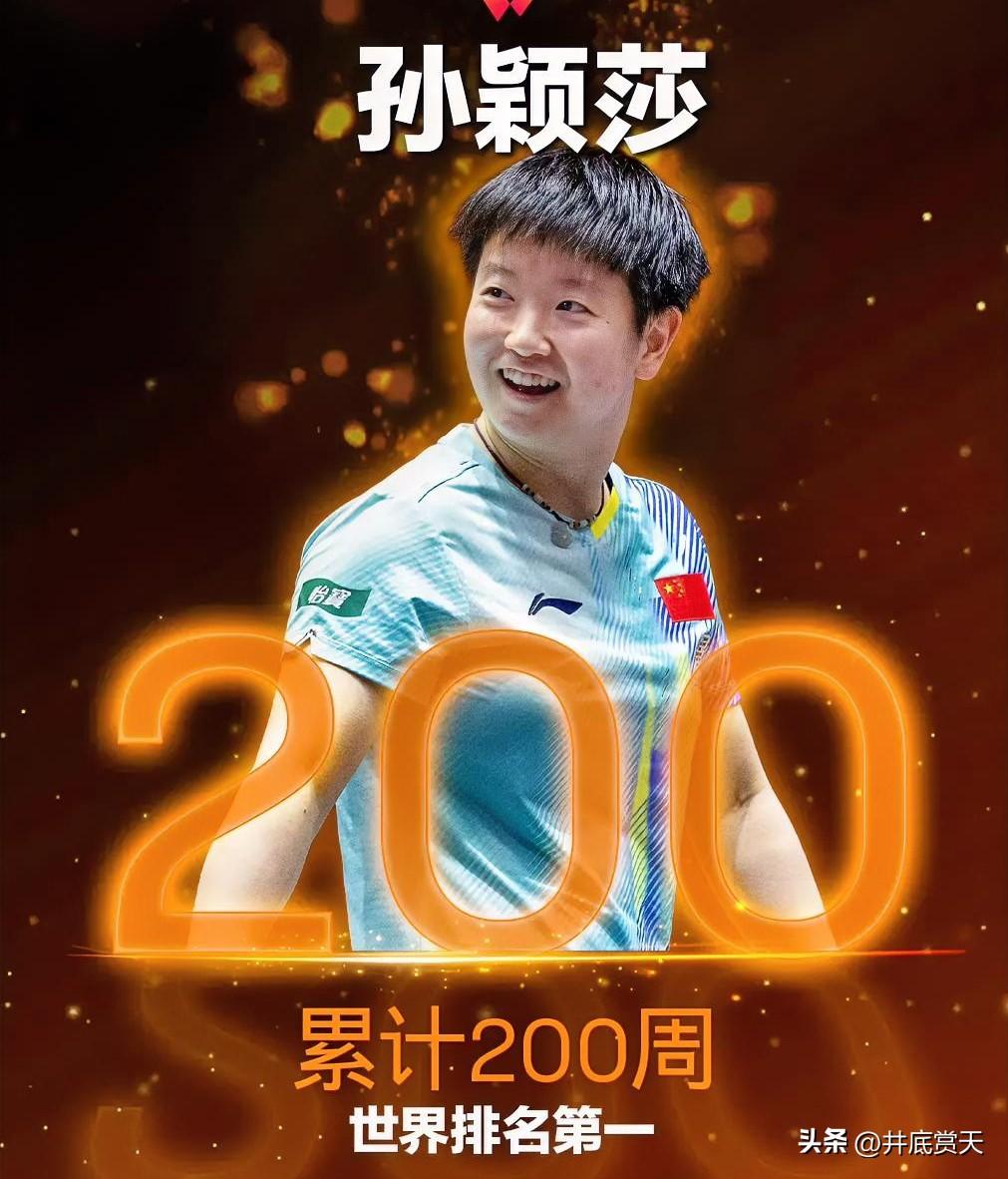 孙颖莎傲视群雄！
已经累计200周世界第一了。成为国际乒联“每周排名”时代首位达