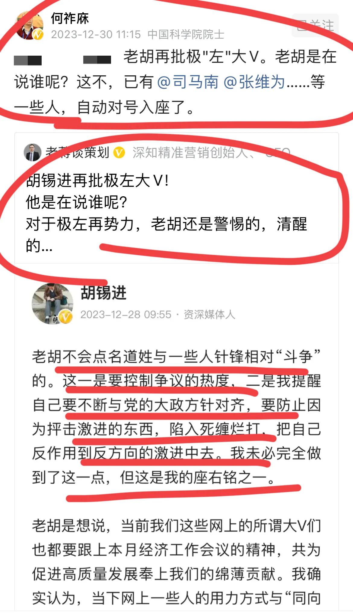 老胡再次怒批极左大V；
这是在说谁呢？
何祚庥院士表示：
司马和张教授等一些人，
