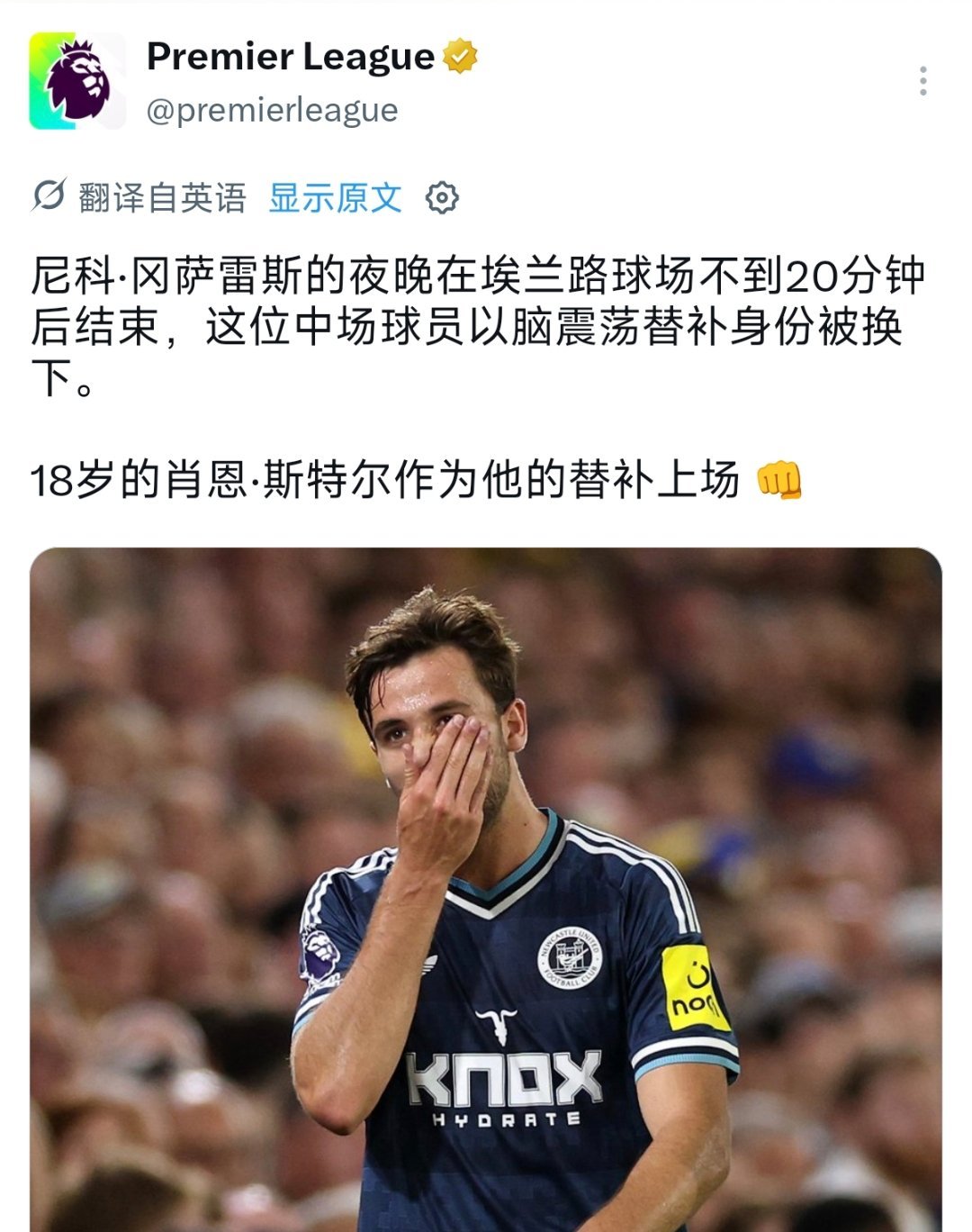 。。。好崩溃，昨晚两场比赛磊子在国米第一次首发，伤退尼科在纽卡脑震荡，伤退 ​​