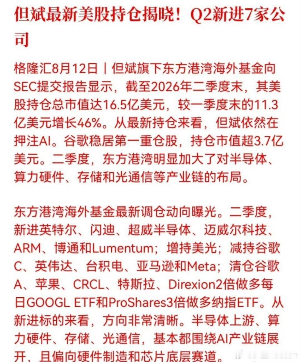 但斌最新美股持仓揭晓！SEC披露最新持仓文件，但斌旗下东方港湾海外基金二季度美股