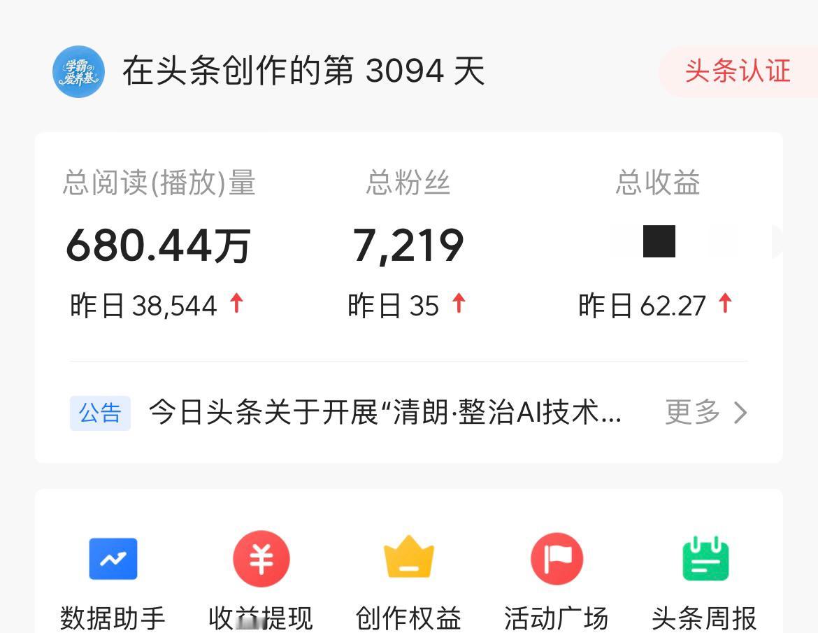 昨日收益62元，其中参加活动奖励34元，微头条收益28元！

一打开头条就看到消