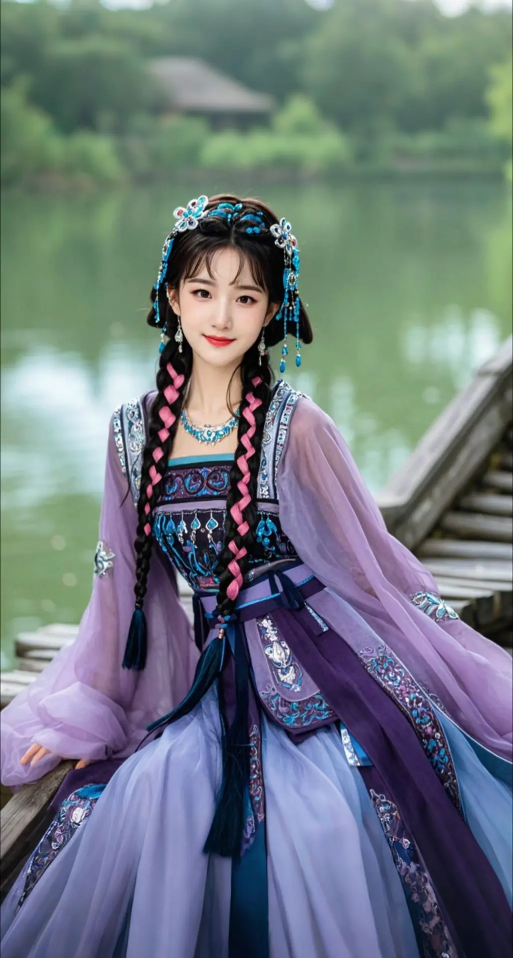 AI扩图 AI粉辫紫纱美人