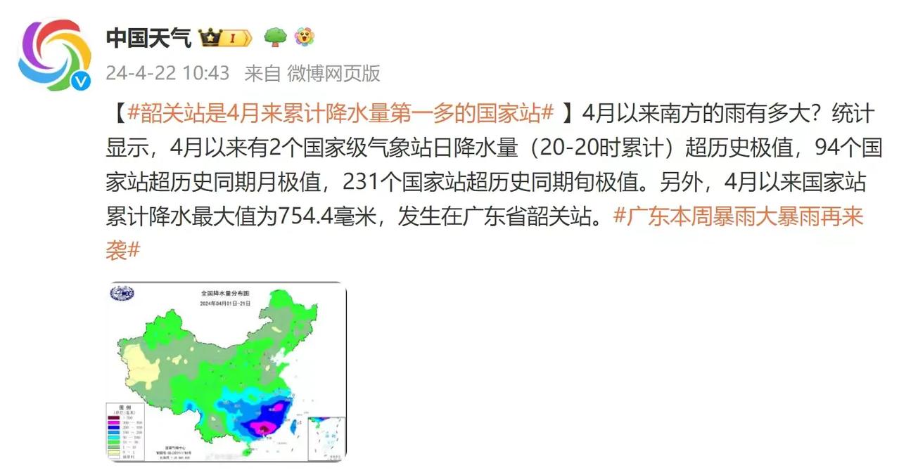 
据统计，4月以来国家站累计降水最大值为754.4毫米，这个国家站为韶关站。
降