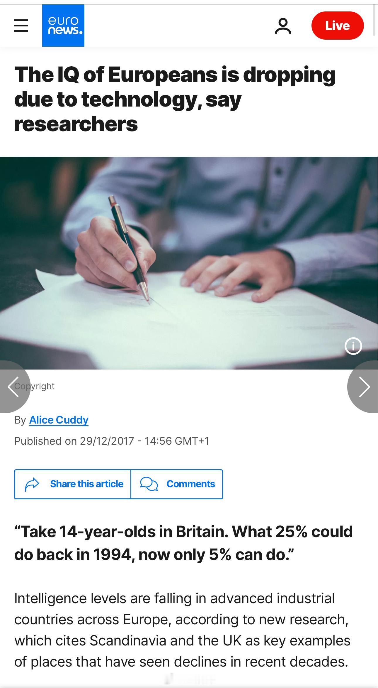 旧闻一则：科学家发现，自上世纪90年代中期以来，欧洲人智商开始下降，其中斯堪的纳