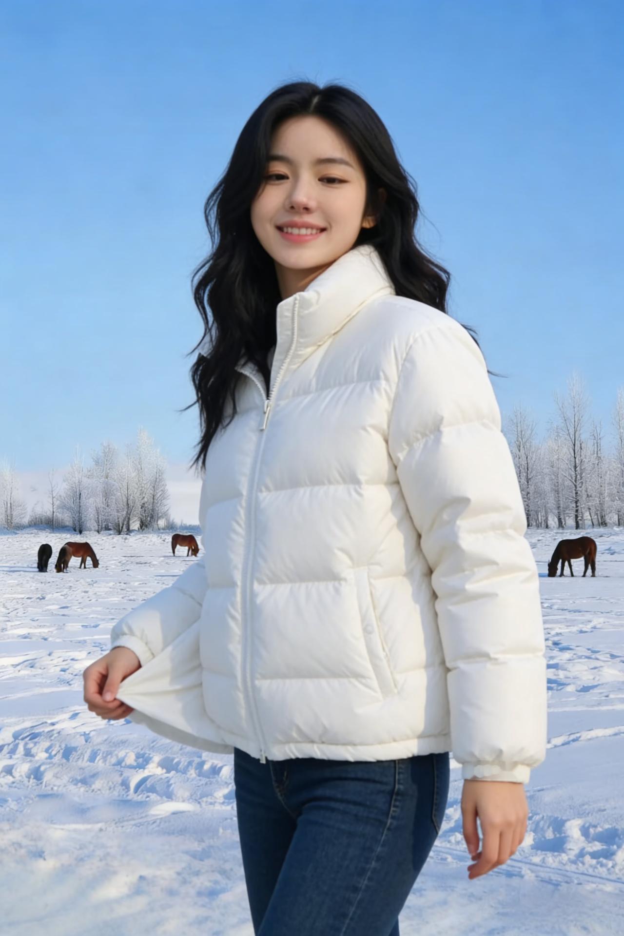 她的羽绒服是一只饱满的白气球
飘在雪地里，没被风带走
拉链拉到胸口，漏出半截温柔