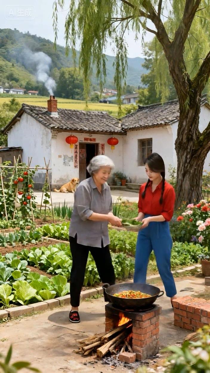 七绝●田园风光/古韵  

农家煮饭用柴烧，
洗菜烹调母女聊。
水秀山清空气好，