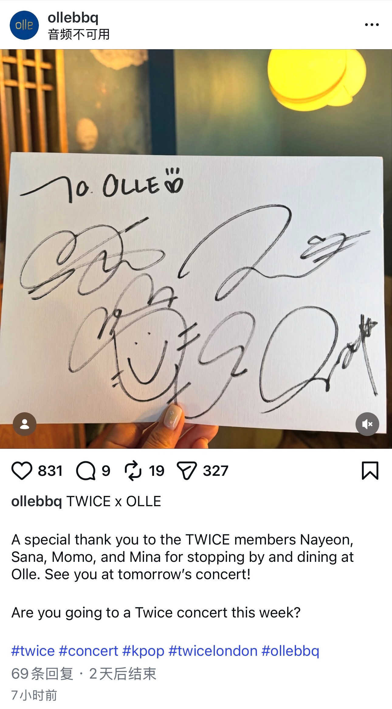 在伦敦Olle BBQ用餐之后留下了签名～
