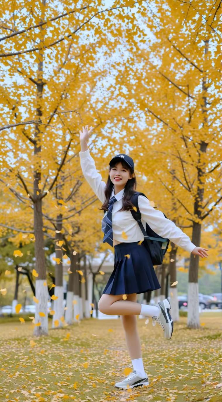 秋日校园少女，落叶飞舞，青春洋溢