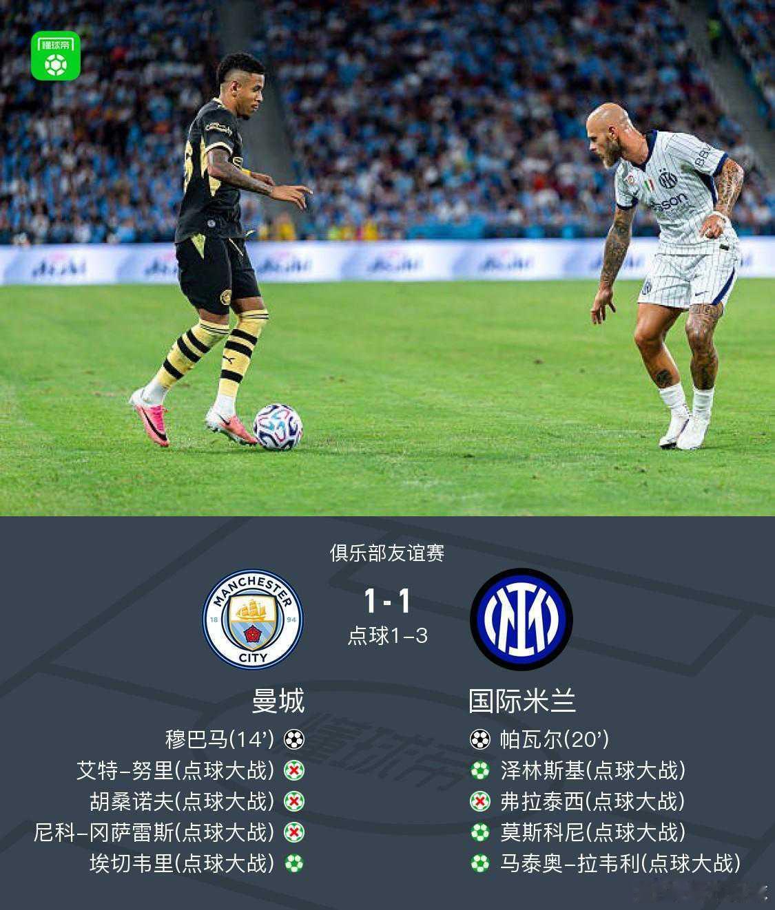 曼城点球大战总分2-4国米，努里、胡桑诺夫、尼科失点北京时间8月1日俱乐部友谊赛