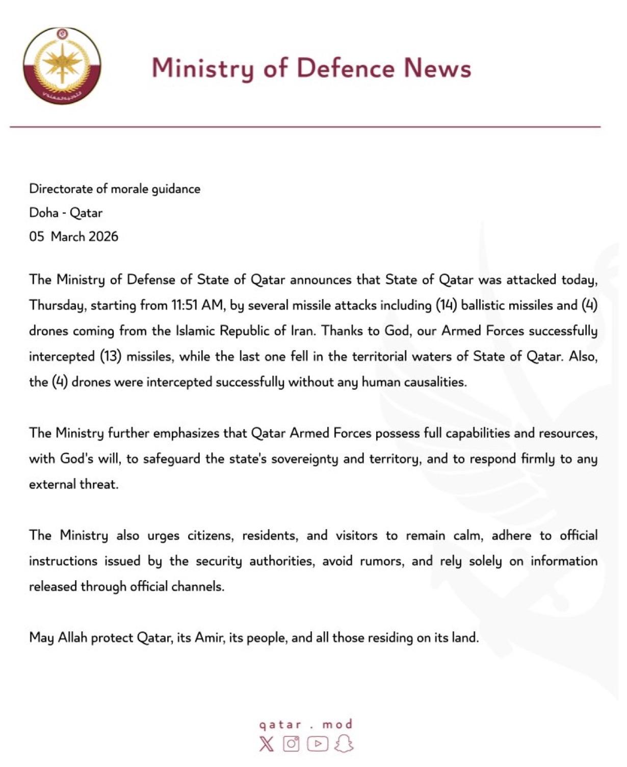 据卡塔尔国防部称，伊朗向卡塔尔发射了14枚弹道导弹和4架无人机，其中13枚弹道导