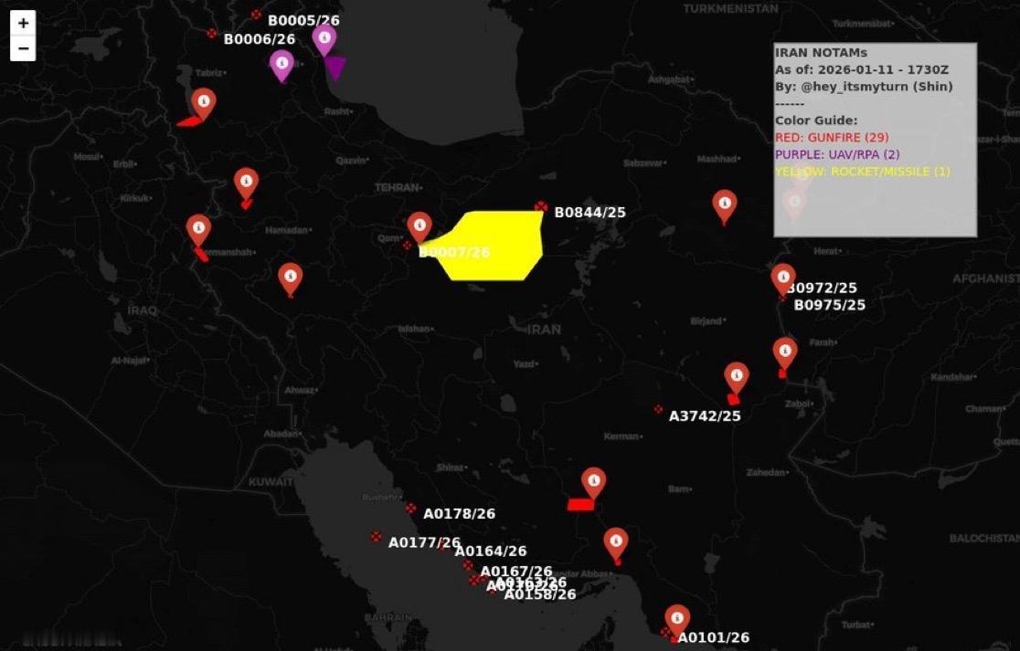 突发，
伊朗已关闭该国中部大片空域。