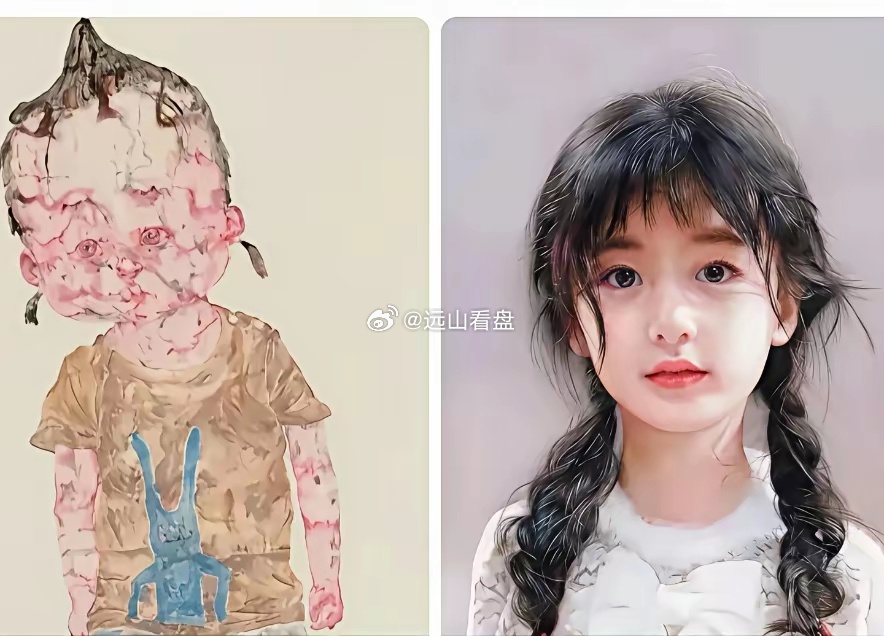 左边这幅，是清华美院副教授丁荭的水墨作品《小蓝兔》。右边这幅，出自清华美院毕业生