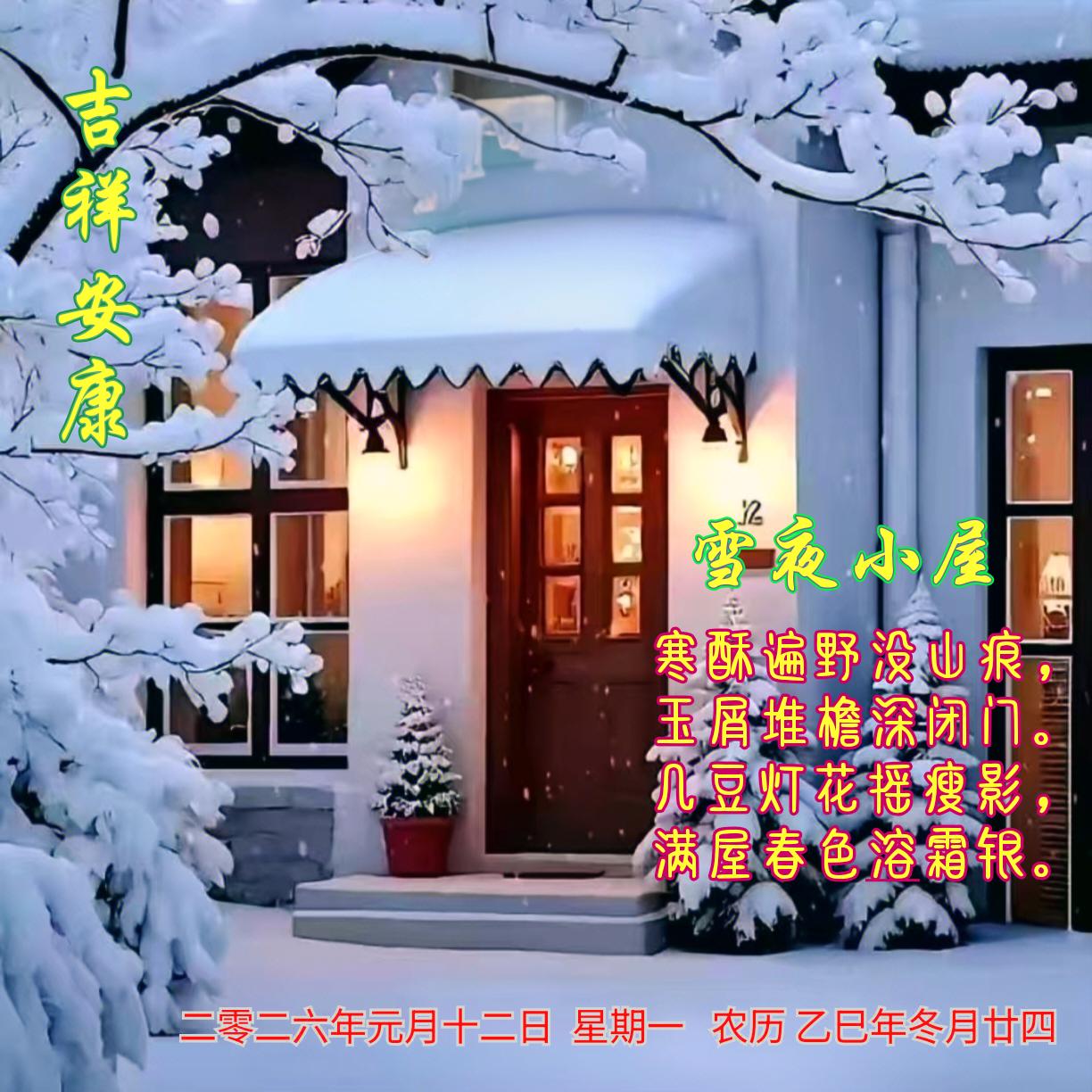 《雪夜小屋》
寒酥遍野没山痕，
玉屑堆檐深闭门。
几豆灯花摇瘦影，
满屋春色覆霜