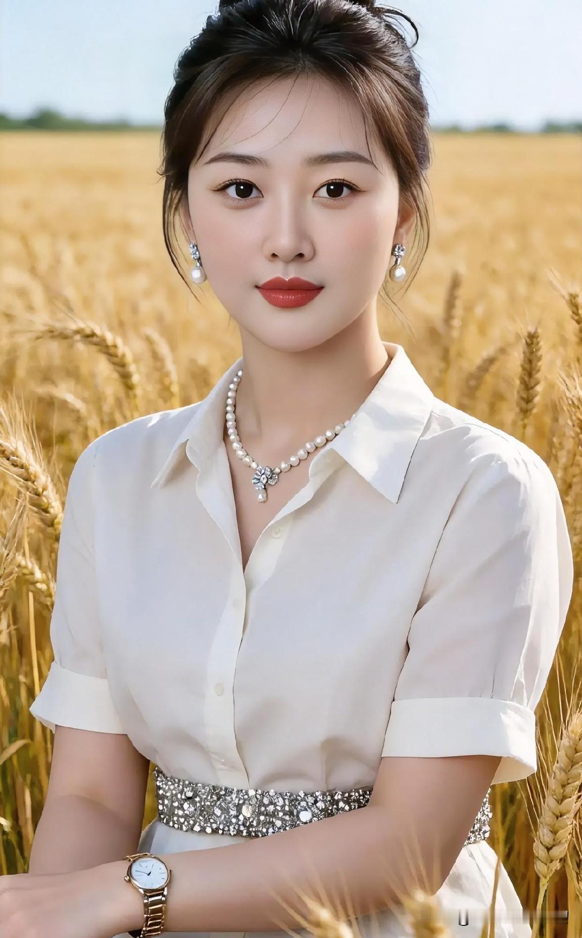 金麦浪涌间，白衫素雅，珠光温润，盘发挺括。都市精致与自然旷野相融，从容自信，绽放