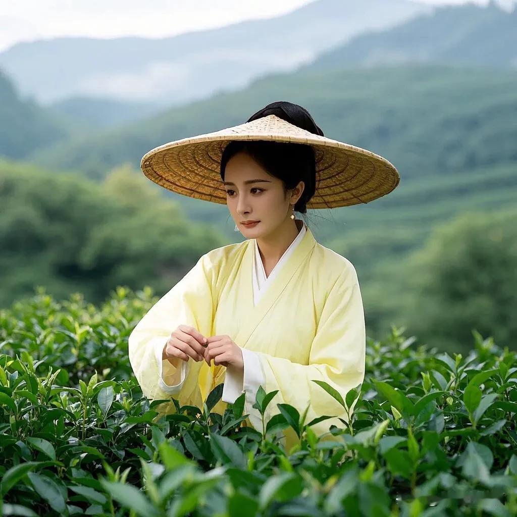 在云雾缭绕的山间茶园，赵丽颖、杨幂、刘亦菲身着鹅黄色古装采茶。她们的抹胸上绣着精