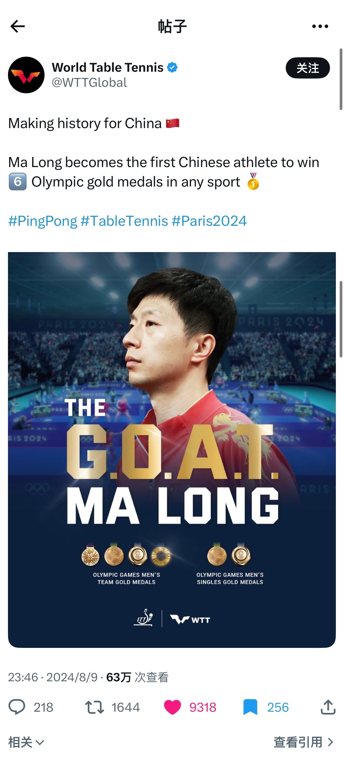 国际乒联称马龙是goat X上巴黎后马龙有一篇63w阅读量将近万赞的热帖，节选了