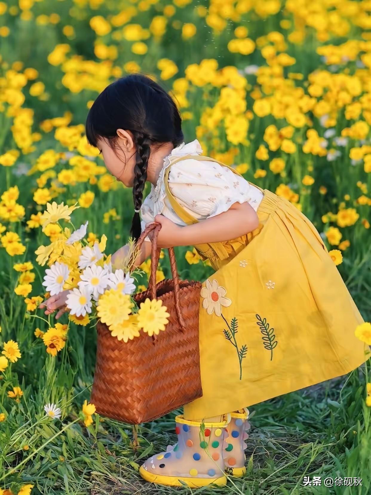 七绝:
  畦边嫩蕊叠金黄，
篮挽花香趁暖阳。
稚子弯身轻折处，
枝干却说莫弄伤