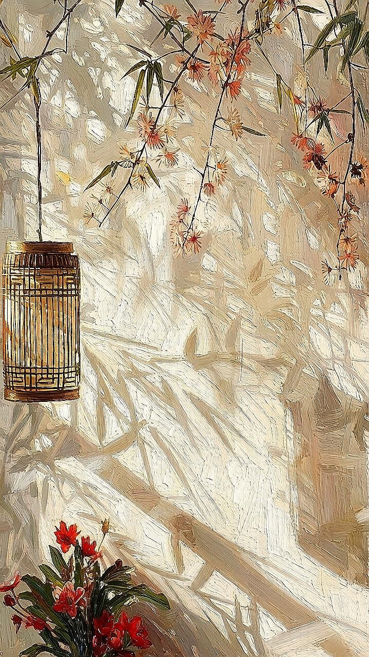枝头花影摇，墙角灯如诗，谁在巷口等你归？古风油画 江南小巷 光影艺术 治愈系风景