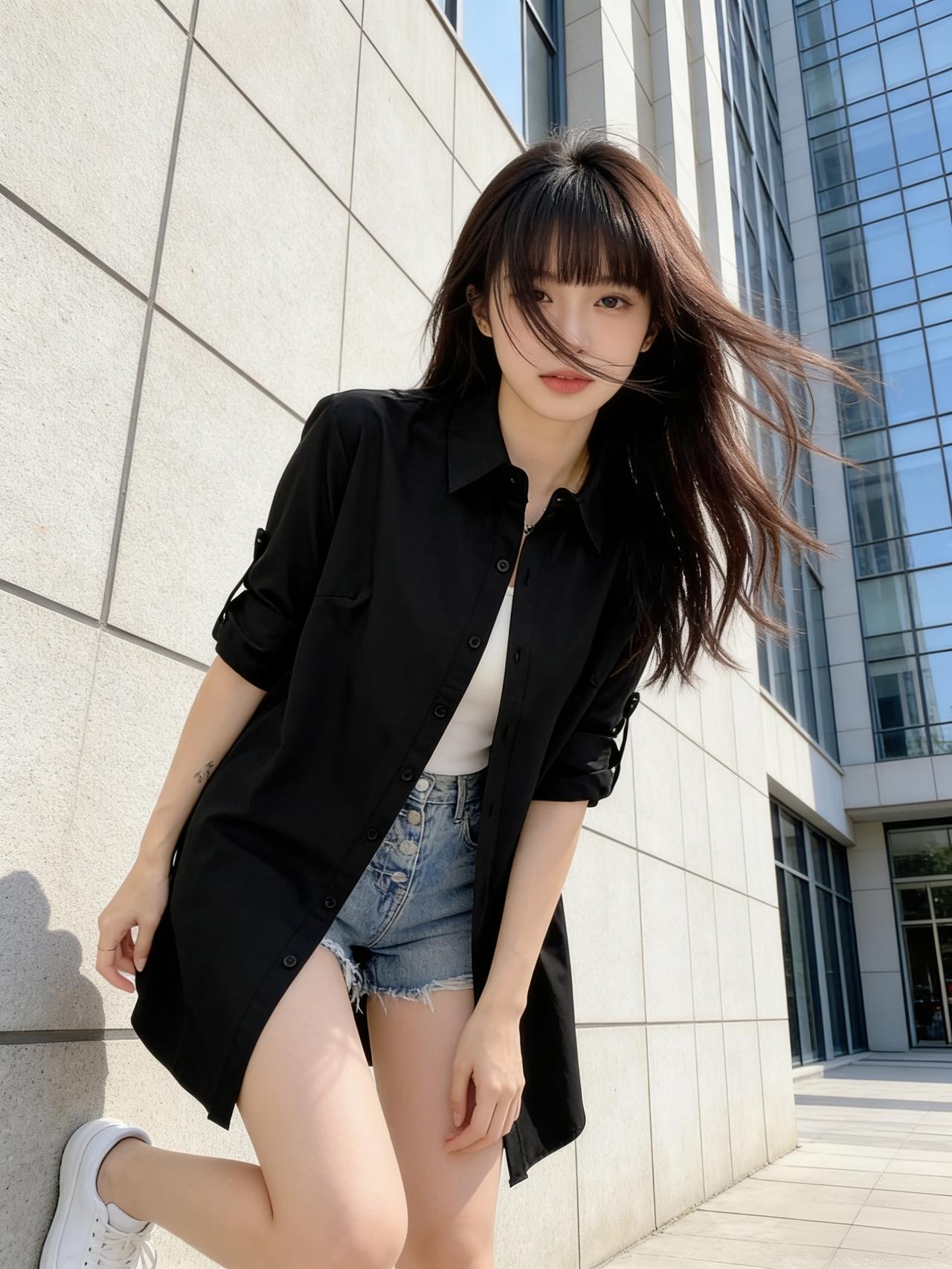 春风拂面，少女以一身时尚穿搭演绎温柔。白色T恤柔软亲腻，外搭黑色衬衫赋有青春活泼