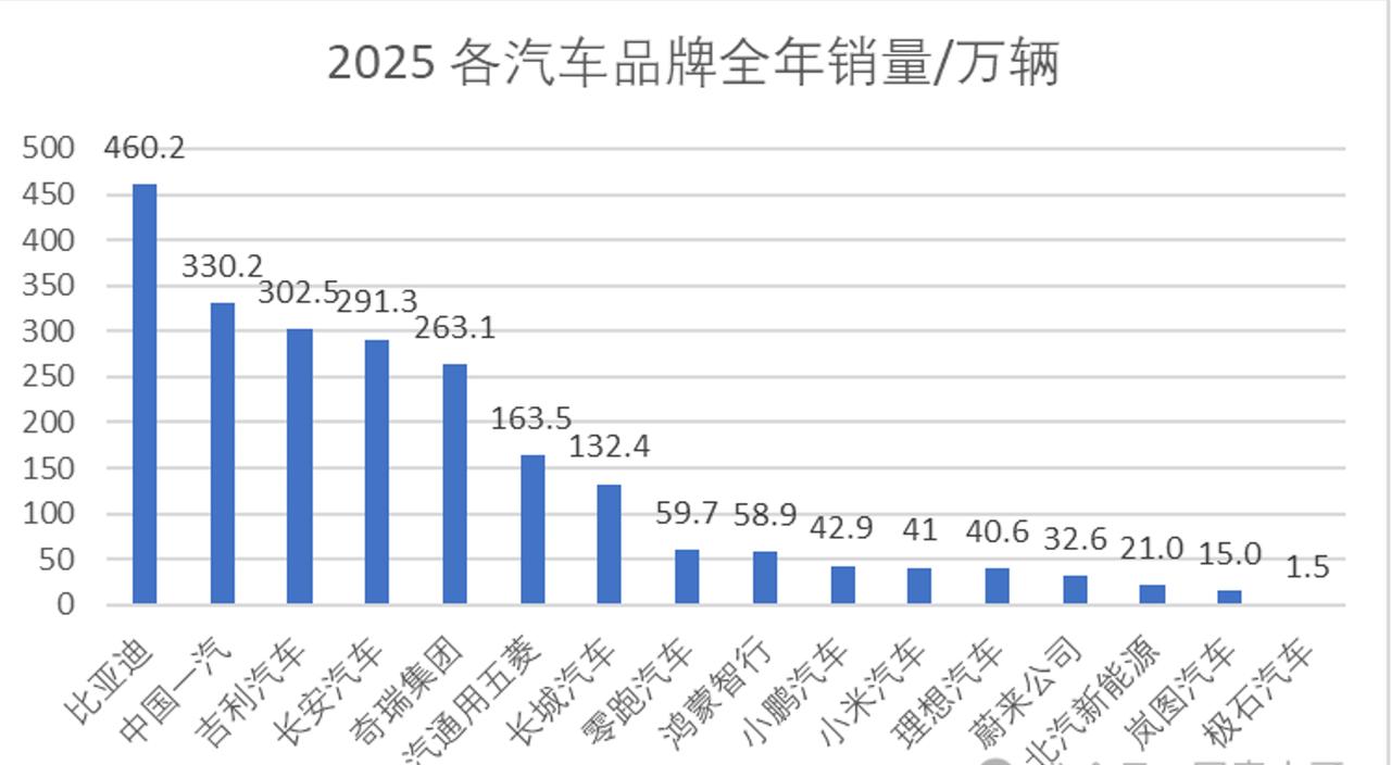 这样看的确比较直观，的确也看的出来比亚迪是真的强大。
2025年各汽车品牌一年的