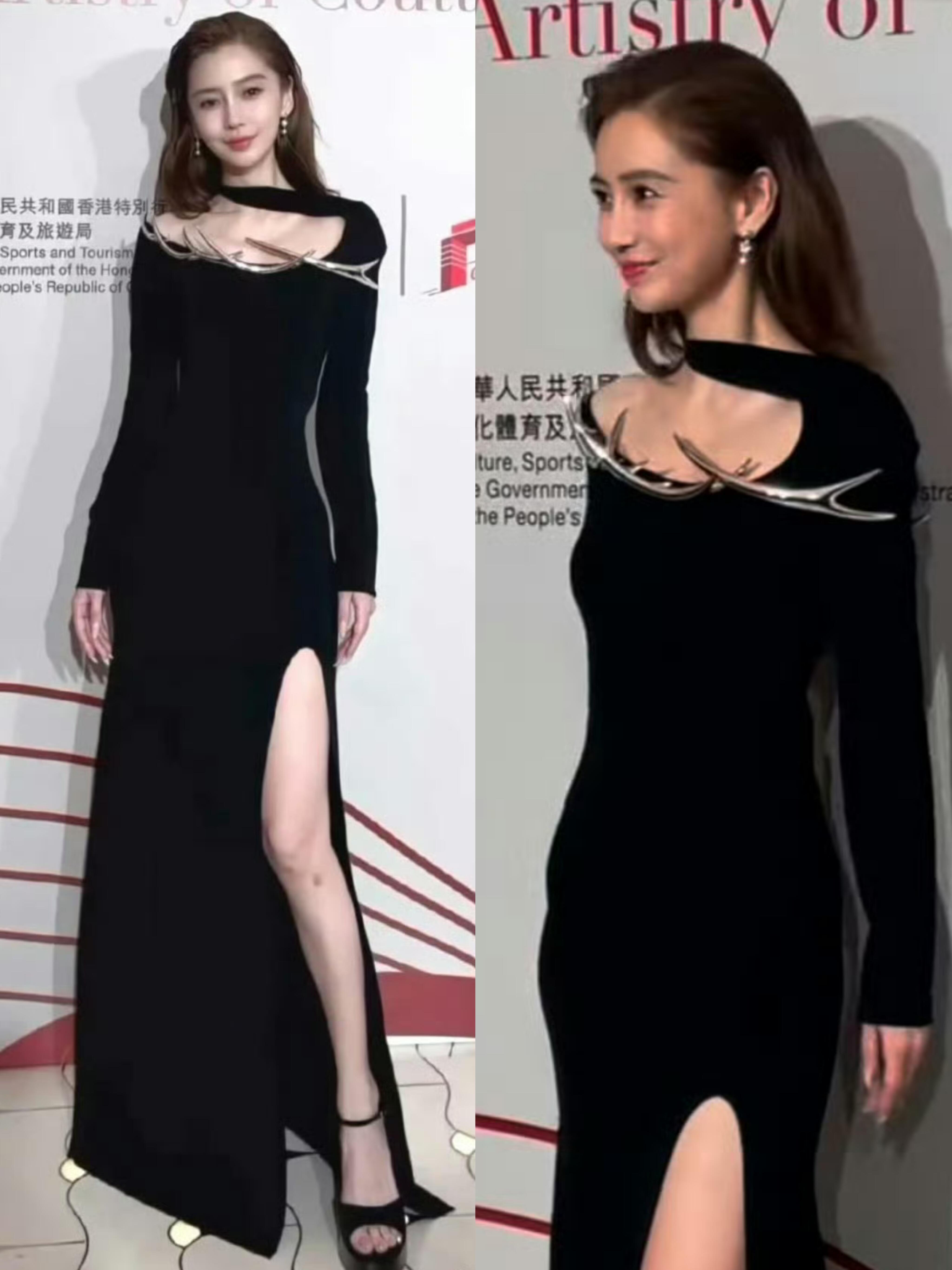 angelababy[超话]   baby姐大秀状态也太好了叭单肩开叉黑裙简直把