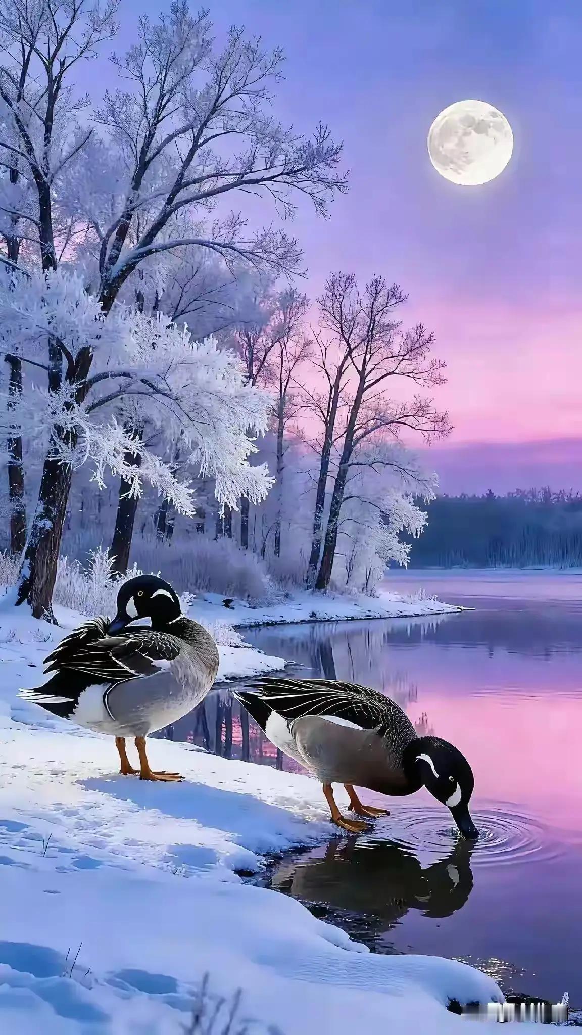 玉树琼花，白絮漫天
冬夜静谧，月色如水
鸭儿戏水，丹鹤展翅
如梦如幻，人间仙境